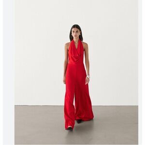 Massimo Dutti Women Jumpsuit L Large Red Halter Neck Wide Leg 6606/300 NWT